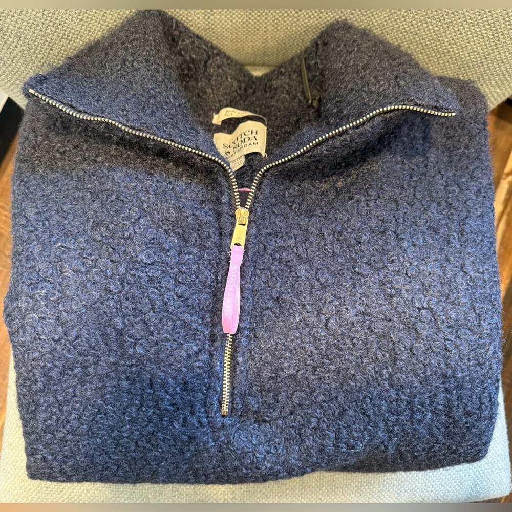 Brand New Scotch & Soda Navy Bouclé Half-Zip Sweater with Pink Zip Pull